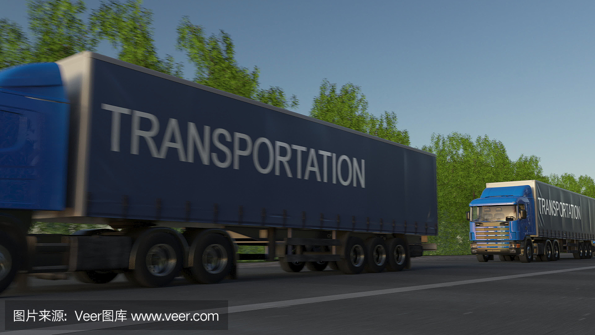 在拖车上标有运输说明的货运半挂车超速行驶。道路货物运输。三维渲染